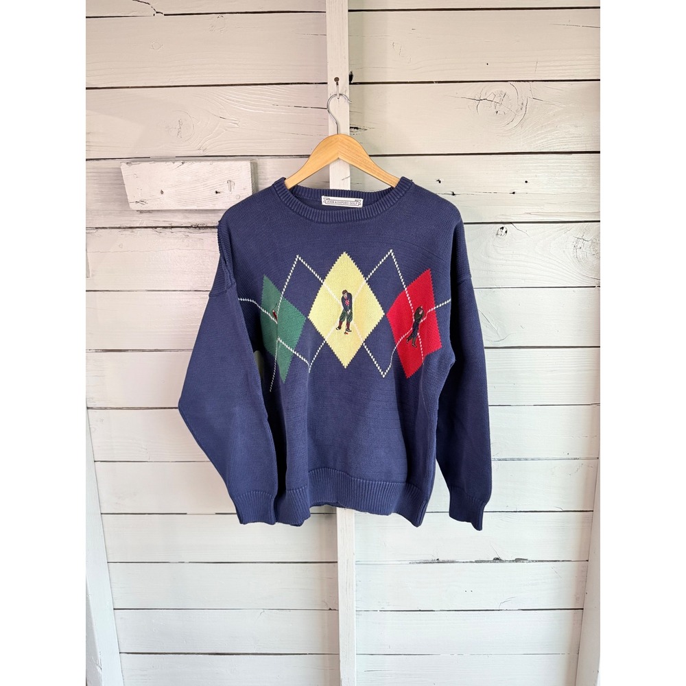 John Ashford Golf Vintage Navy Blue Argyle Embroidered Cotton Sweater Mens XL